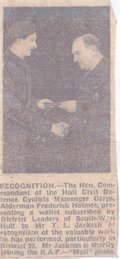 Newspaper clipping, Leslie awarded a wallet by a Hull councillor as thanks for his work with Civil Defence