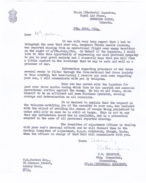 Letter from W/Cdr F.W. Thompson