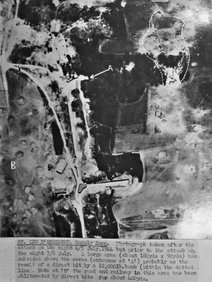 Aerial photograph of the St Leu d'Esserent caves after the first raid 4th/5th July 1944 (from the National Archives)