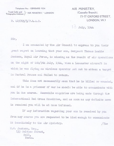 Air Ministry Letter 13th July 1944