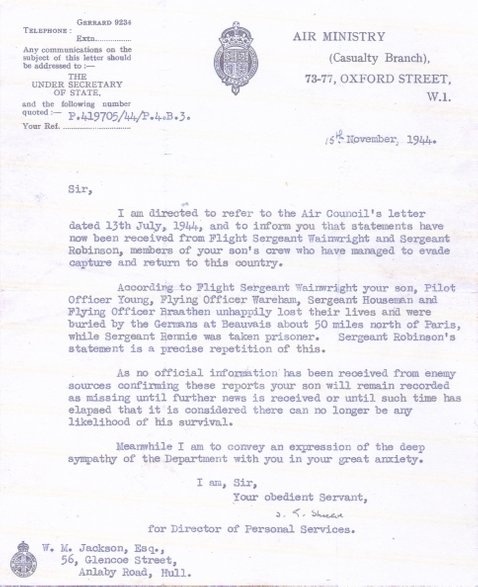 Air Minisrty Letter 15th Novembr 1944