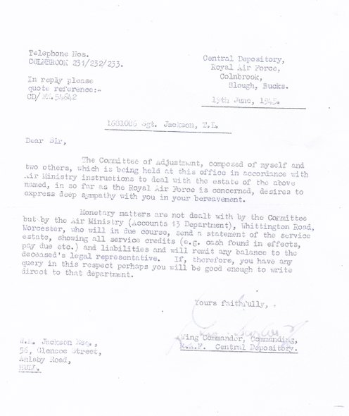 RAF letter 19th April 1944