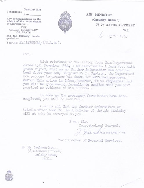 Air Ministry Letter 6th June 1945