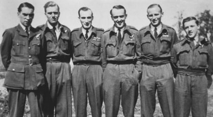 Left to right: F/O Price, F/O Braathen, F/LT Thring, F/Sgt Burgess, F/O McMahon, Sgt Buchan